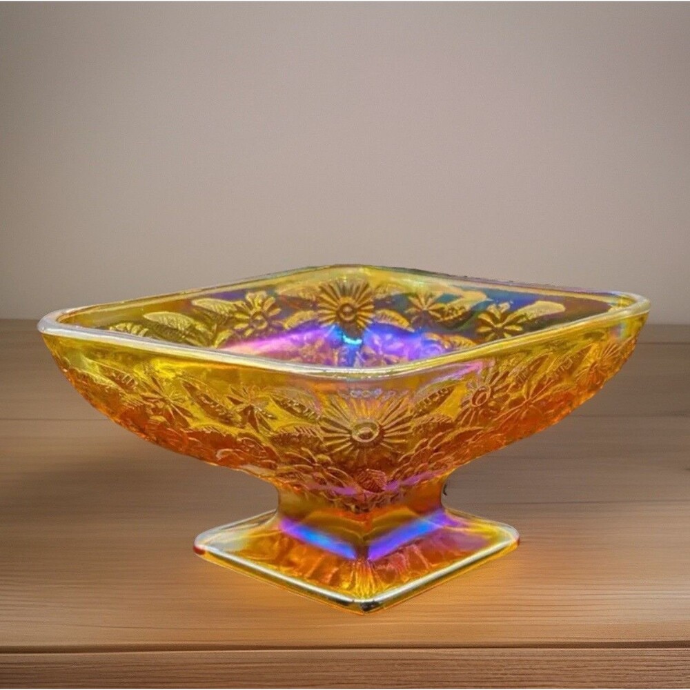 Indiana Carnival Glass Diamond Shaped Pedestal Dish Amber Iridescent Vintage
